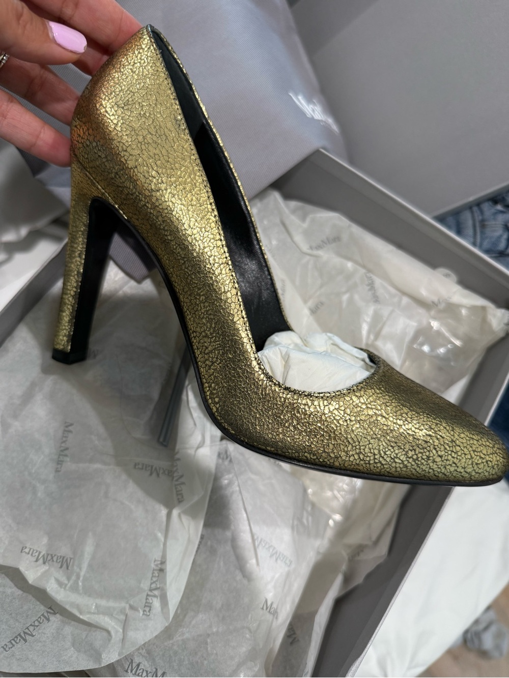 MaxMara Metallic Gold Crackle Pointed-Toe Stiletto Pump